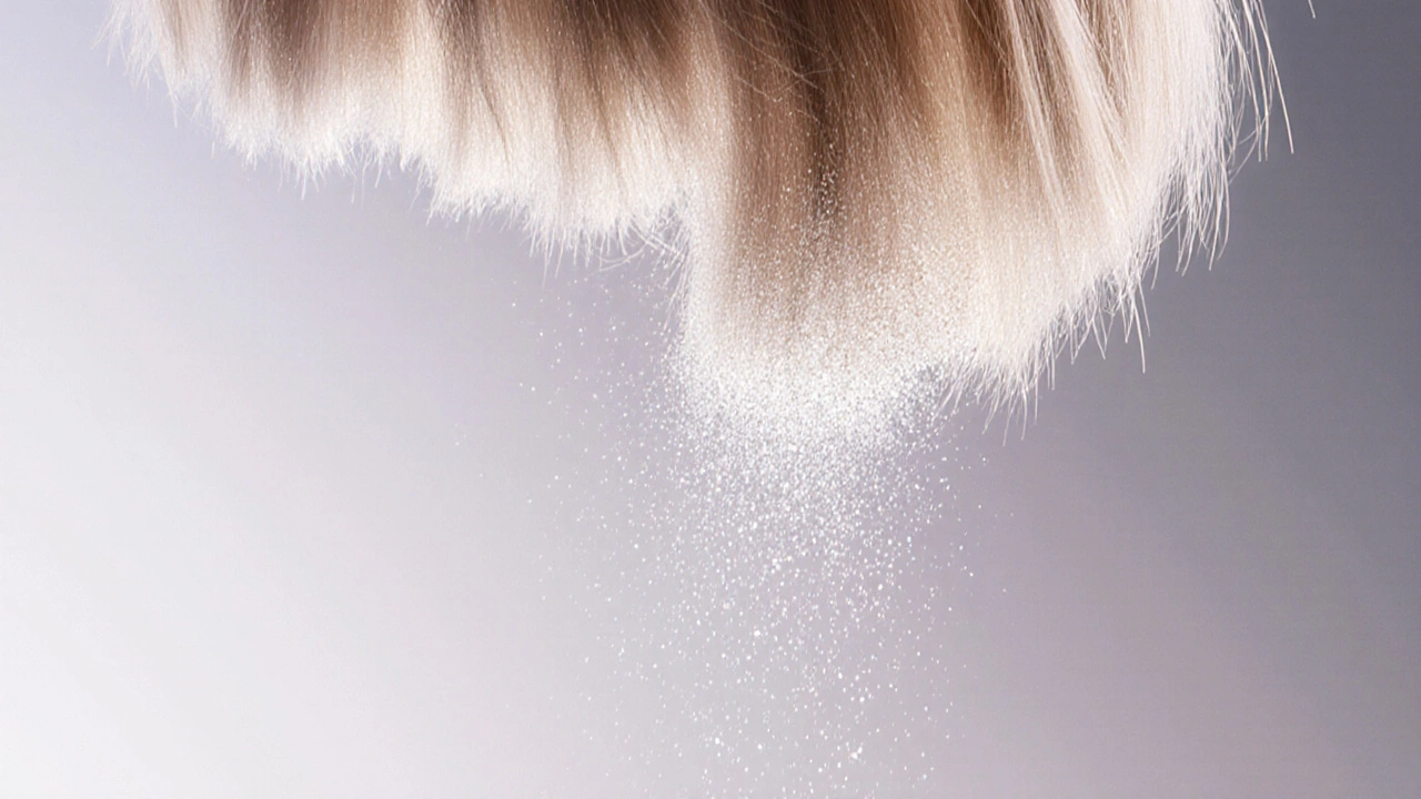 Detail vlasů s jemným práškem na kořenech ve vzduchu.