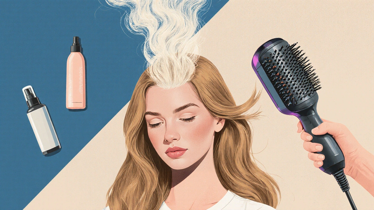 Žena stylizuje vlasy kartáčem a sušičkou s hlavou obrácenou.
