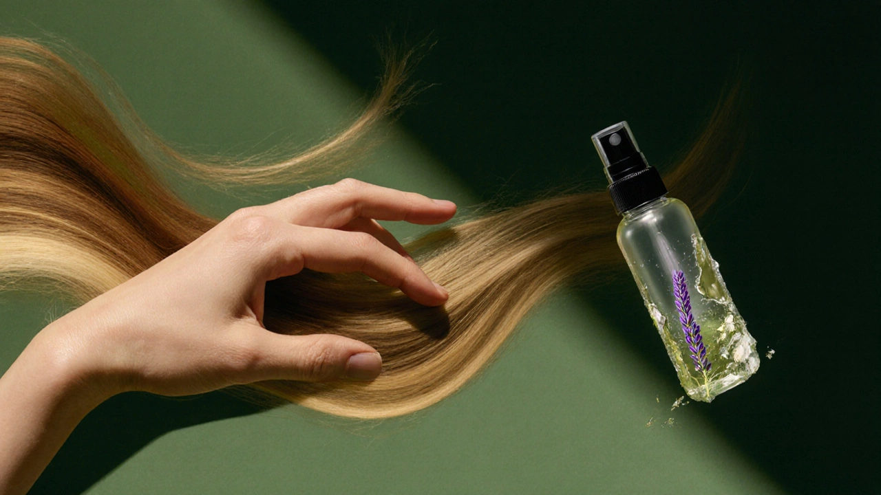 Hand touching hair surrounded by translucent scent waves, faded hair spray bottle in background.