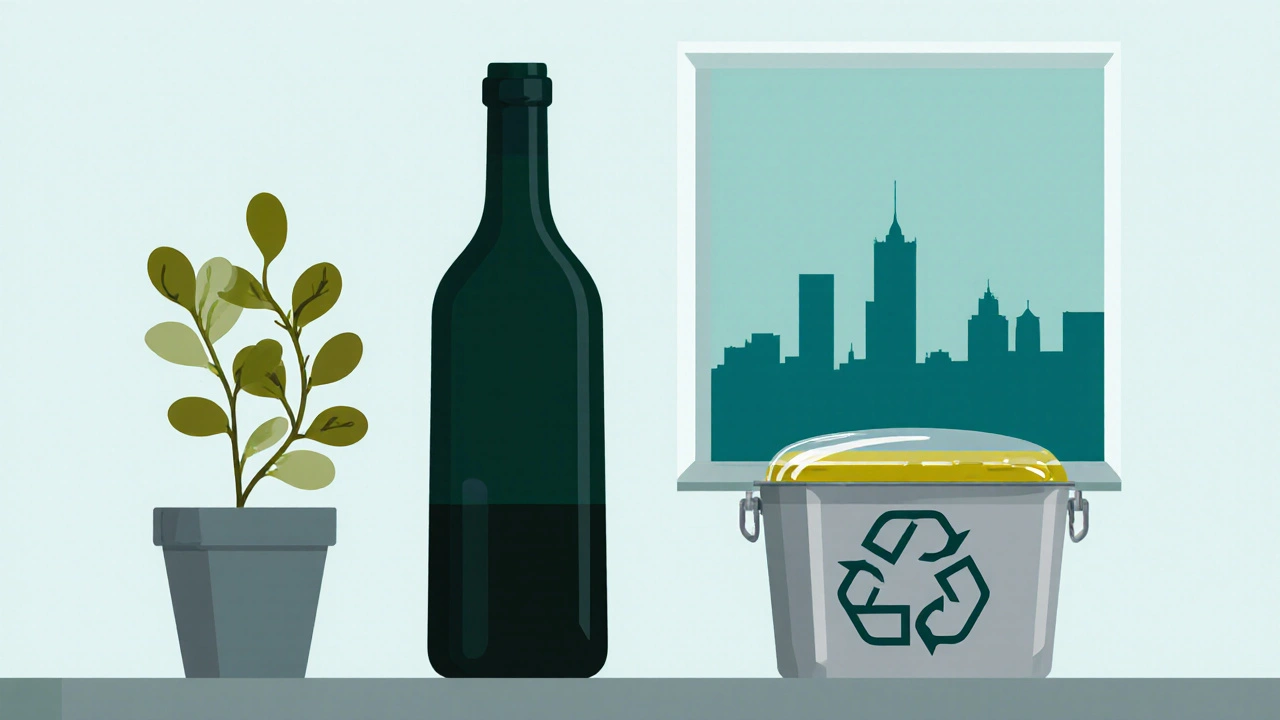 Tmavá skleněná láhev na chladném regálu, kontejner na recyklaci, v pozadí silueta Brna.