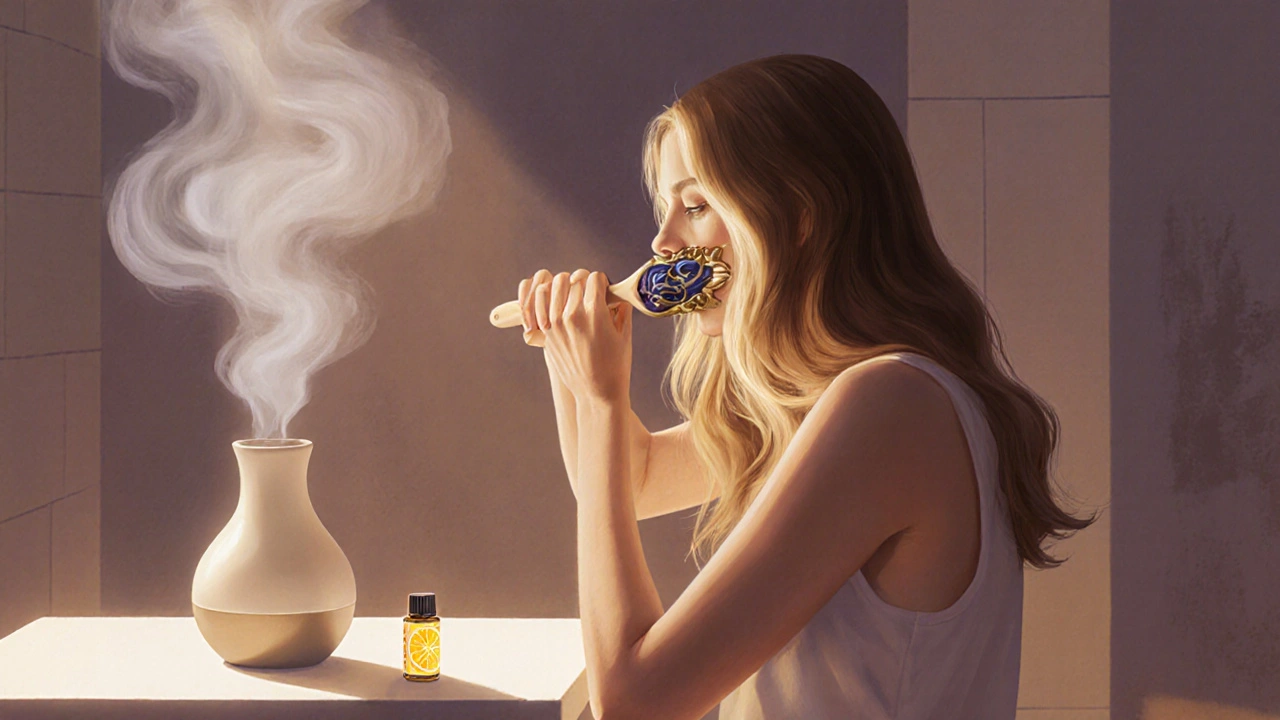 Woman brushing hair with subtle essential oil mist rising from diffuser, calm bathroom ambiance.