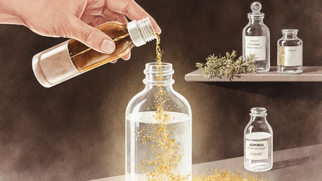A spray bottle being filled with a mixture of essential oil, alcohol, and water, showing dispersed golden particles.
