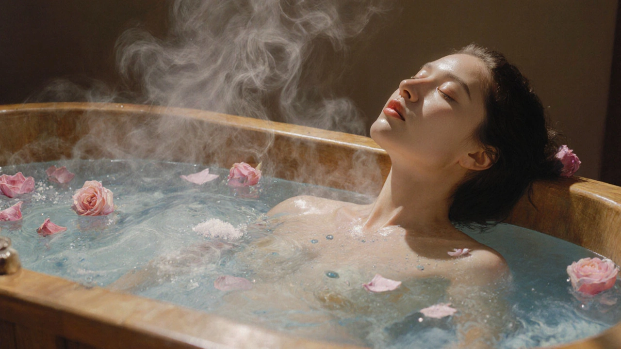 A woman relaxing in a milky bathtub with suspended oil droplets, rose petals, and steam rising around her.