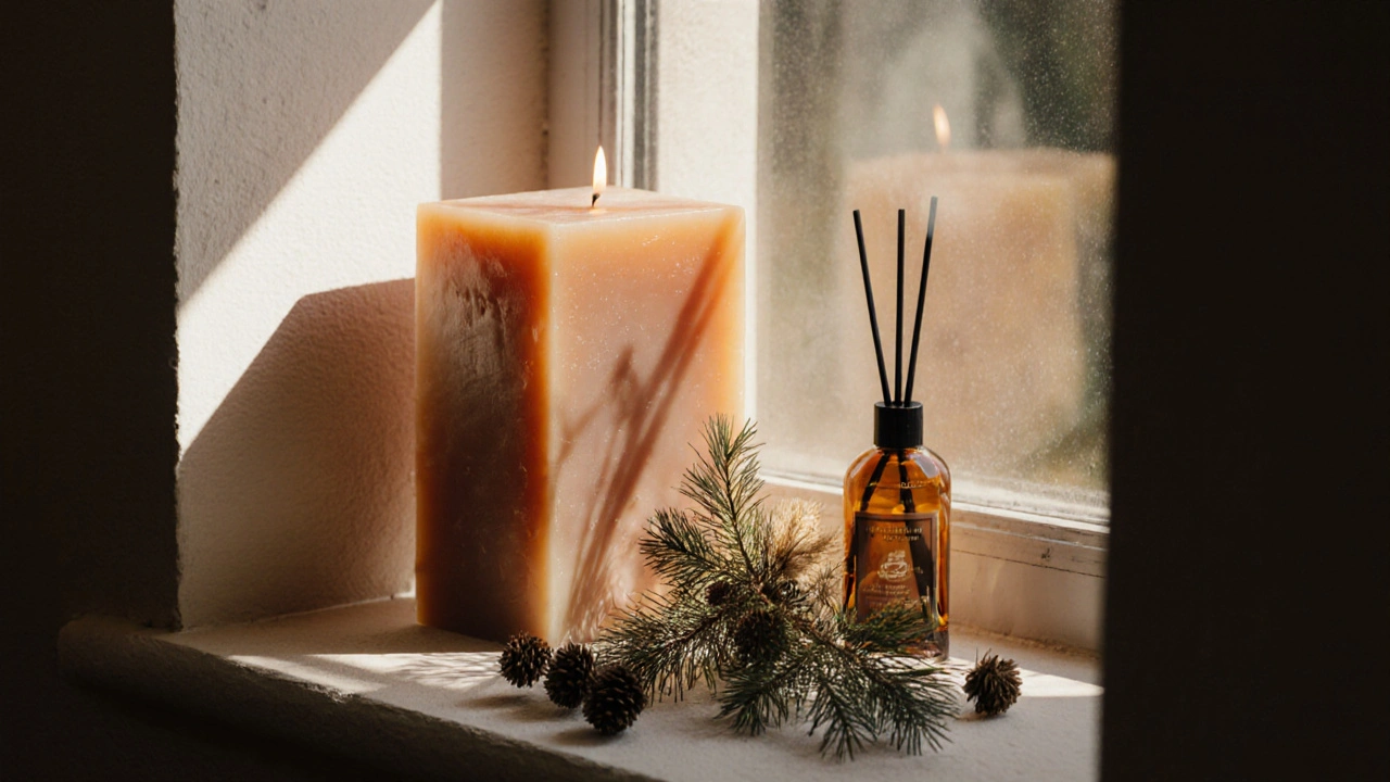 Bloky recyklovaného vosku na okenním rámu s suchými květy a jemným vůněm.