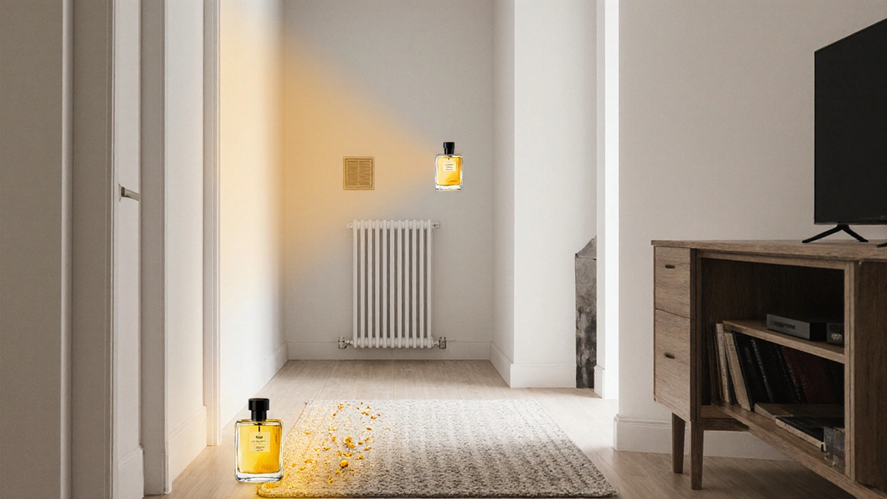 Chodba s třemi skrytými bytovými parfémami: pod koberecem, za televizorem a na větrací mřížce.