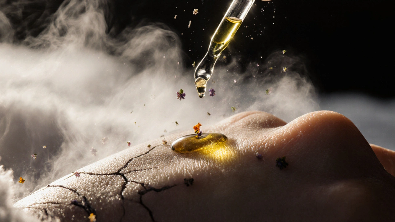 Kapka oleje na prasklé kůži s jemným světlem a přírodními částicemi.