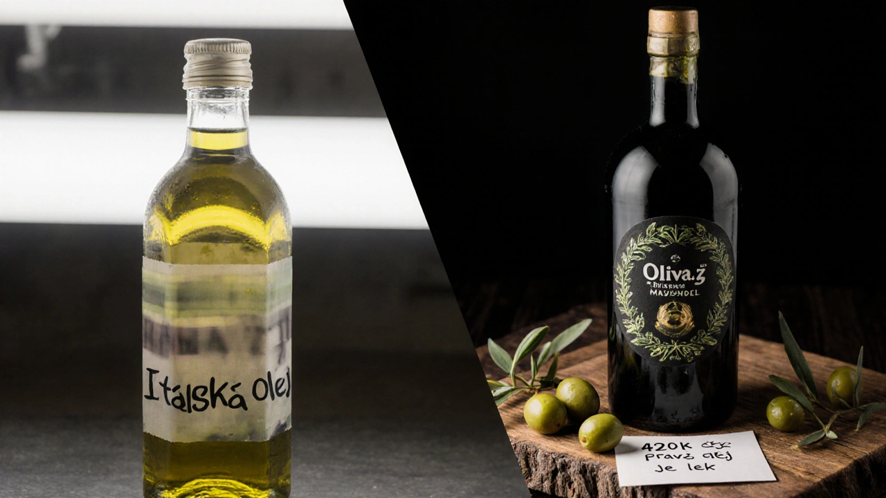 Kontrast mezi levným olejem v plastu a kvalitním olejem v tmavé láhvi s datem lisování na dřevěné desce.