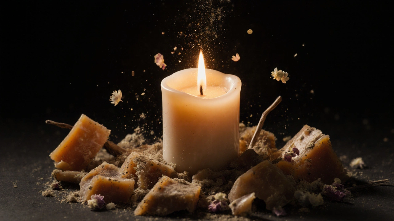 Nová svíčka září ze shromážděných zbytků starých svíček, symbolizující přeměnu a recyklaci.