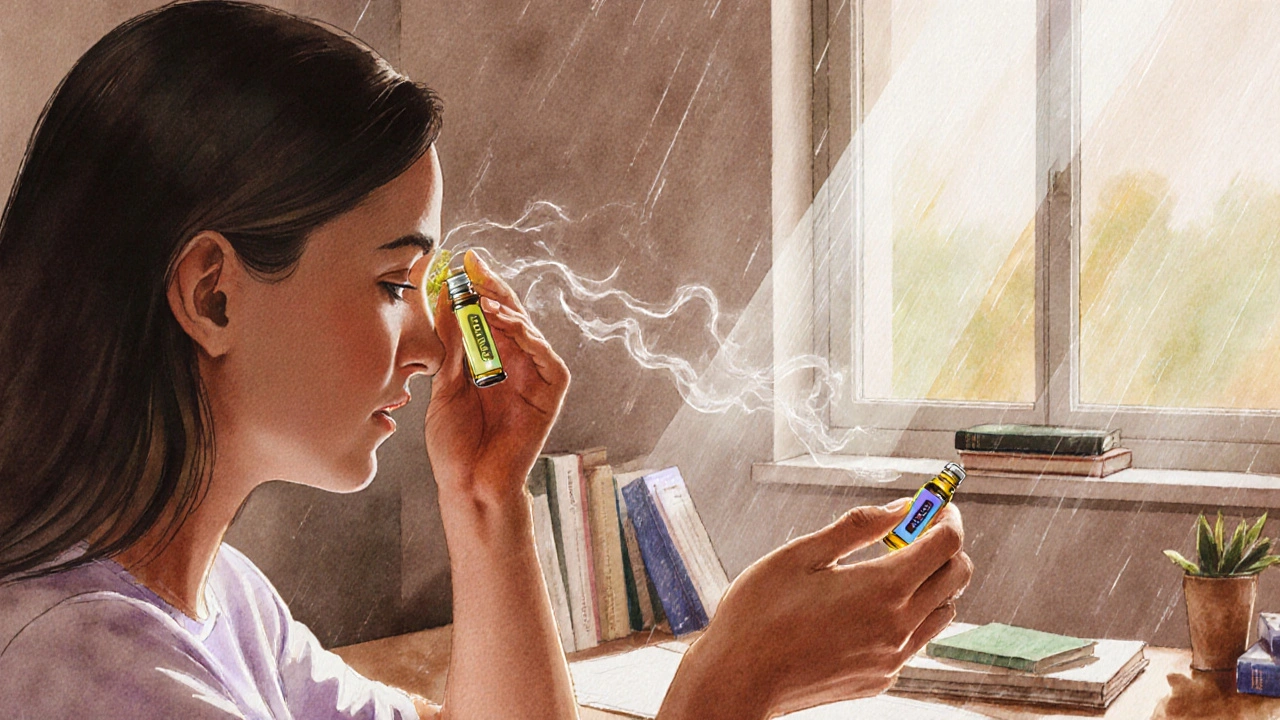 Osoba aplikuje roll on na čelo a zápěstí s jemnými stopami vůně v ovzduší.