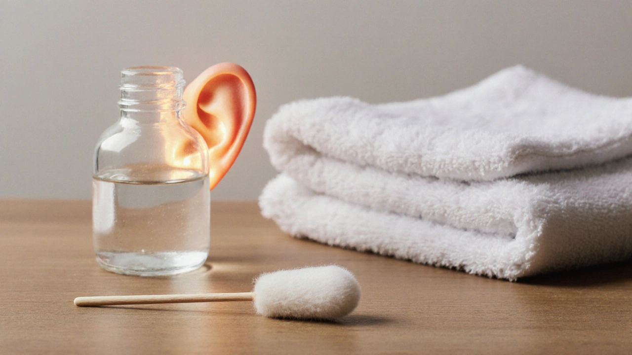 Prázdný q-tip a láhev vody na stole, symbolizující nezávislé čištění uší.