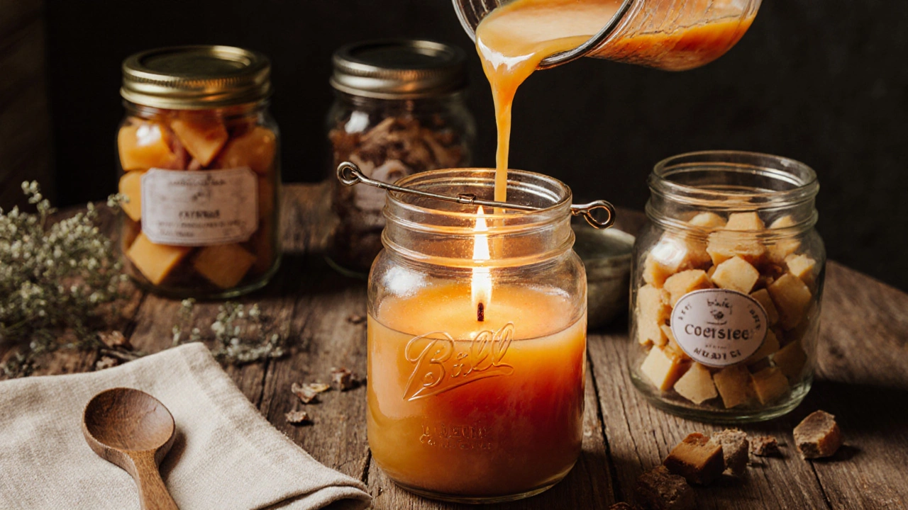 Přetavený vosk se nalévá do skleněné nádoby s novou lucernou.