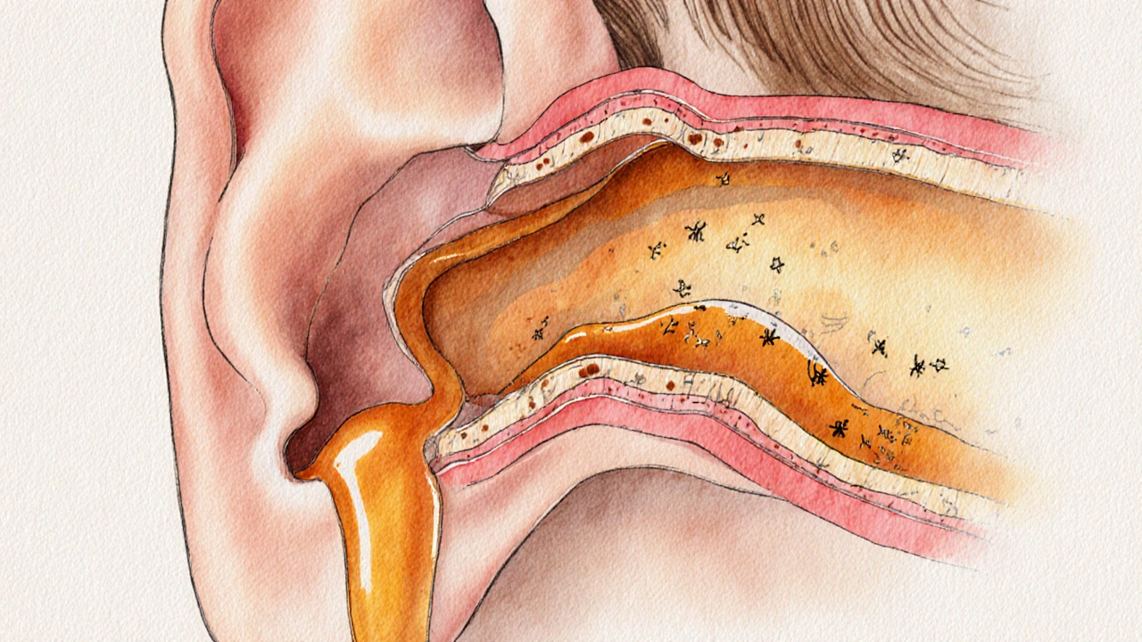 Příčný řez ušním kanálem s přirozeným pohybem ušní špíny ven.