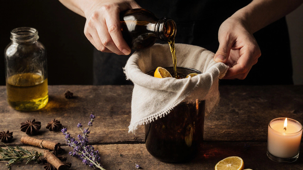 Ruce filtrují vonný olej přes hadřík do tmavé lahve, zbytky rostlin jsou vidět na síťce.