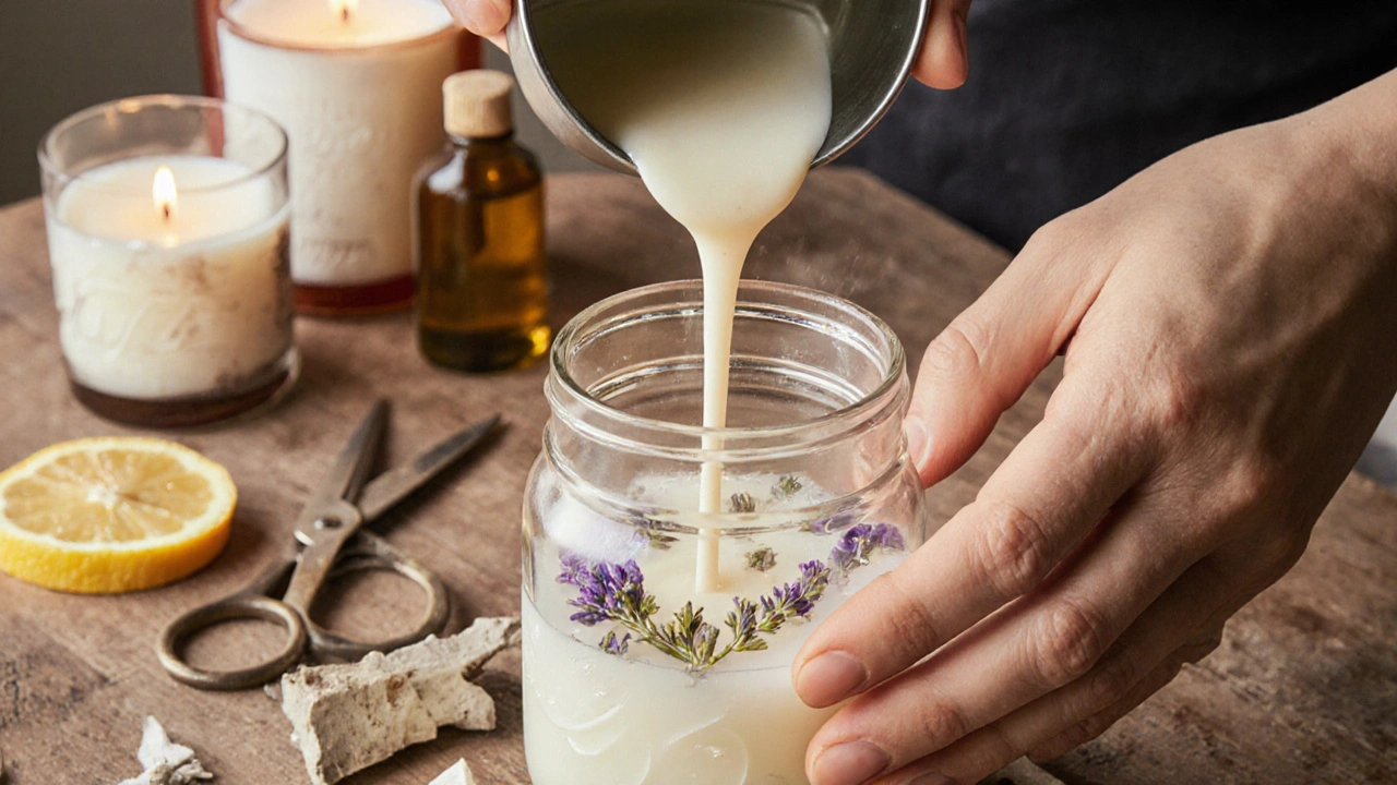 Ruce nalévají roztavený vosk do skleněné nádoby s novou bělmou a sušenými květy.