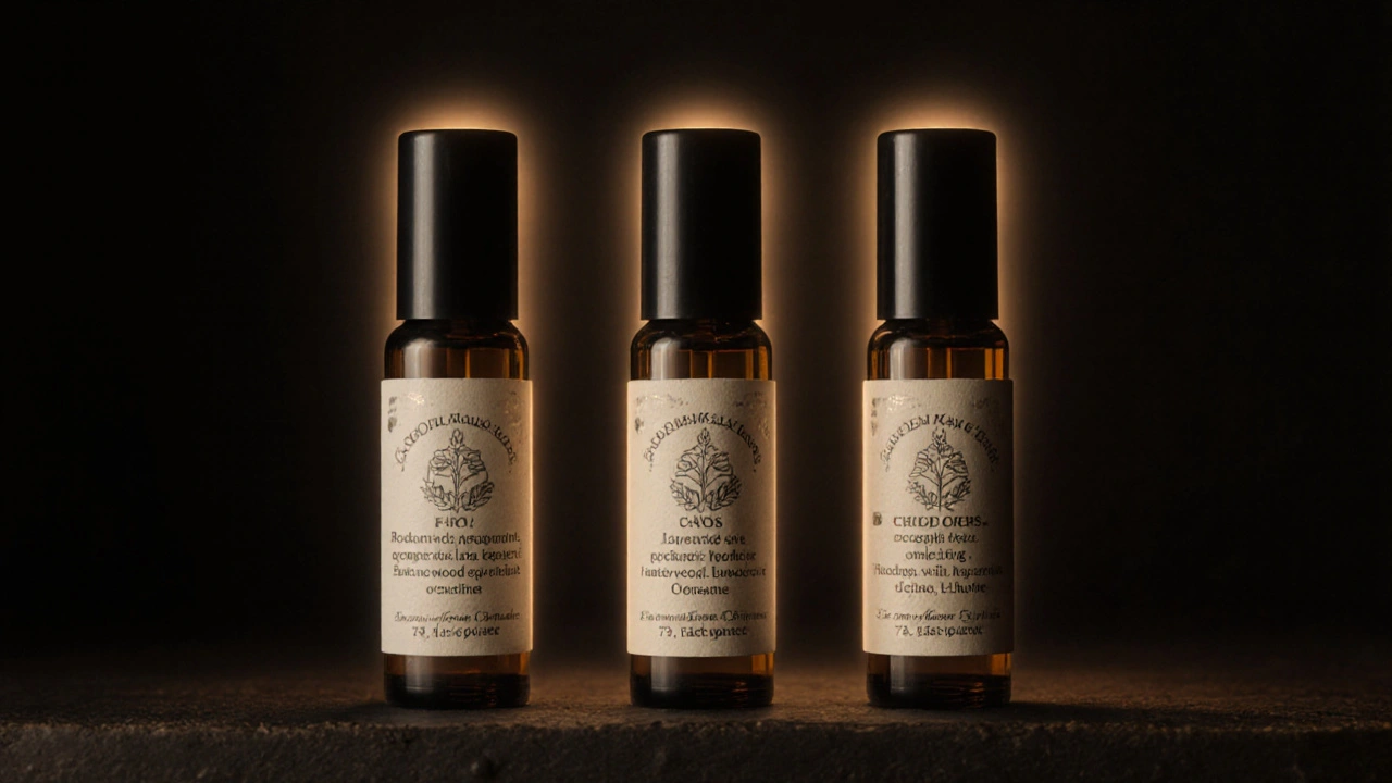 Tři označené roll on lahve s různými směsmi esenciálních olejů na tmavé polici.