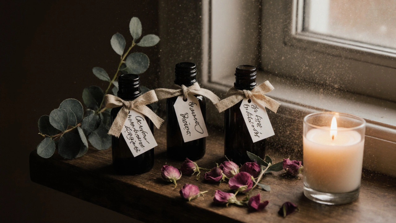 Tři skleněné lahvičky s domácími vonnými oleji na dřevěné polici, vázané lněnými stužkami.