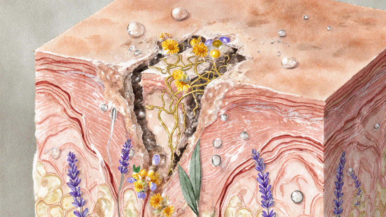 Výřez kůže s obnovovanou lipidovou bariérou pomocí esenciálních olejů.