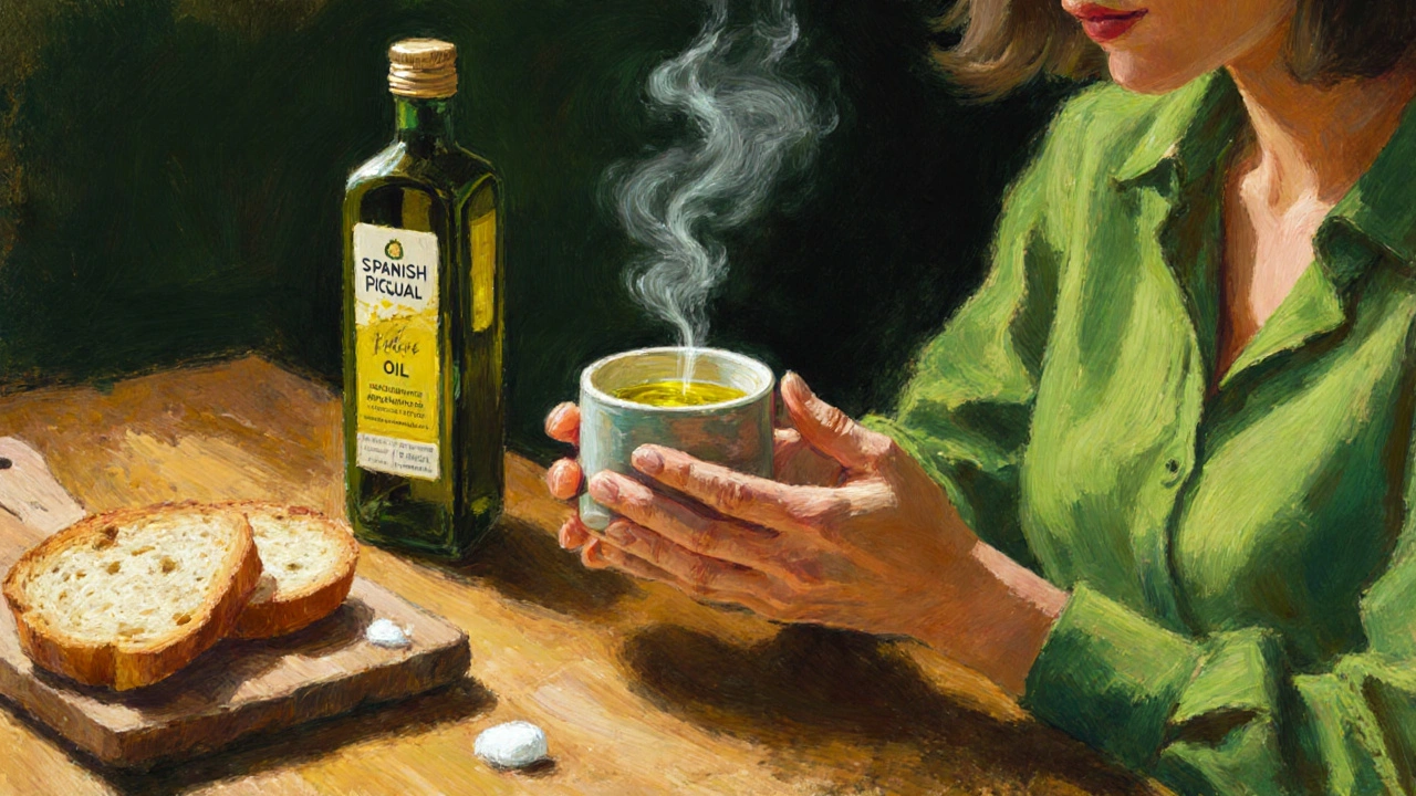 Žena zahřívá olivový olej v šálku, zatímco vedle ní leží čerstvý chléb a sůl, připravuje si chuťový test.