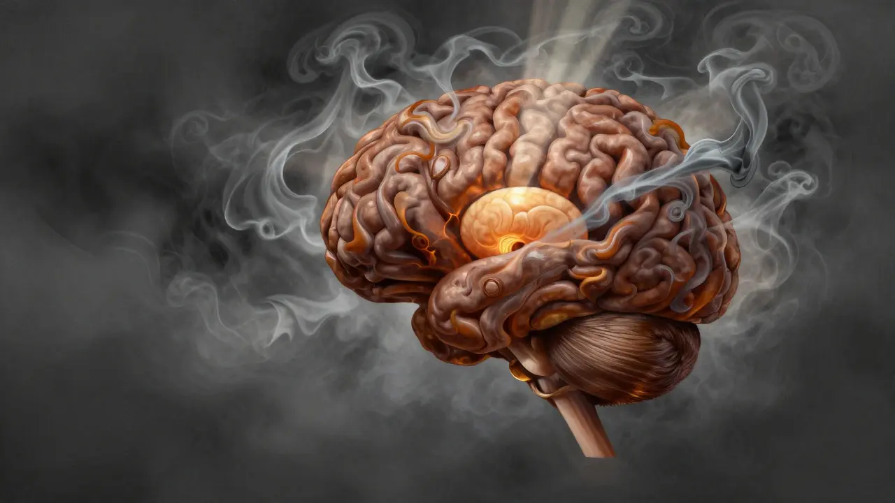 Abstraktní znázornění klidu v mysli pod vlivem kafrové vůně, kdy bouře myšlenek ustupuje.