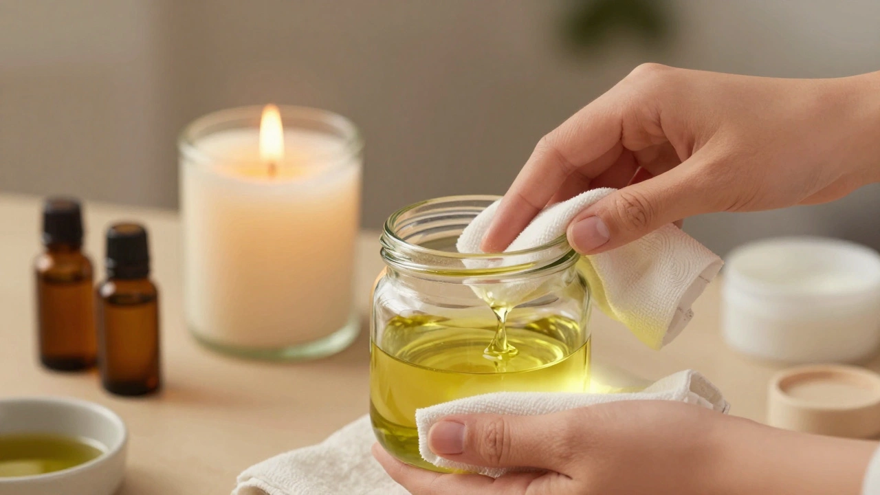 Čištění sklenice olejem, vosk se rozpouští, nová svíčka v pozadí, přírodní prvky.