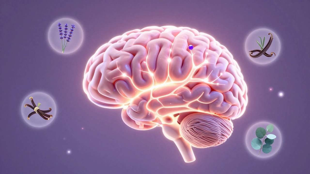 Ilustrace mozku s aktivovanými oblastmi pro emoce kvůli vůni z osvěžovače.