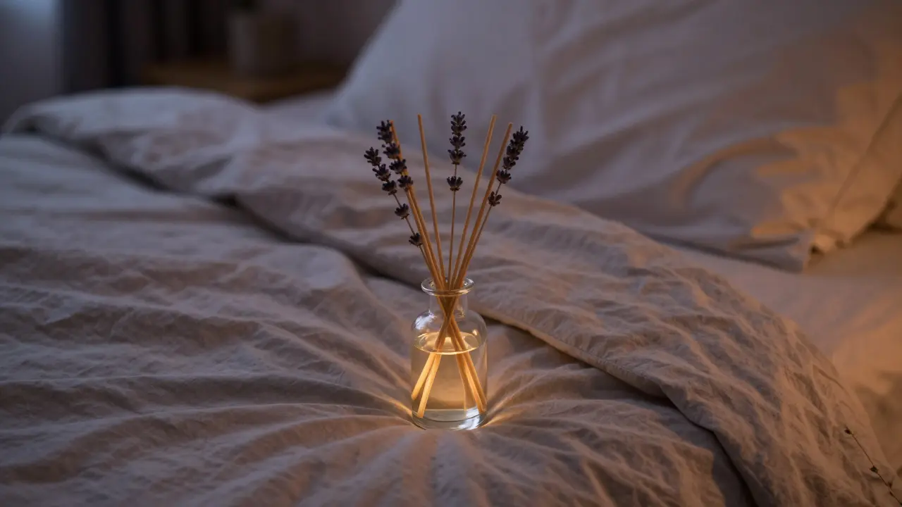 Lavandová vůně v ložnici s dřevěnými tyčinkami a klidným prostředím večera.