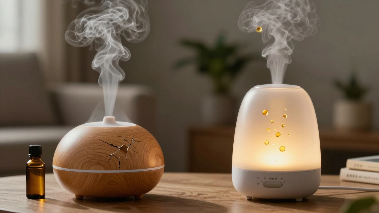 Porovnání ultrazvukového a teplotního difuzéru: chladná mlha vs. pára a poškozený olej.