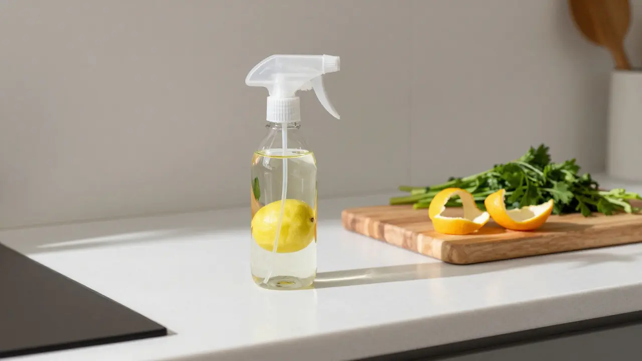 Přírodní čisticí sprej s citronem a tejpem na kuchyňské desce.