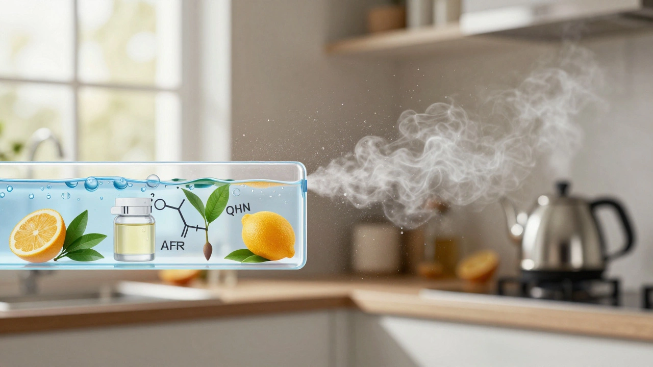 Rozprášené kapičky vonné látky v ovzduší s viditelnými složkami ve vodě a alkoholu.