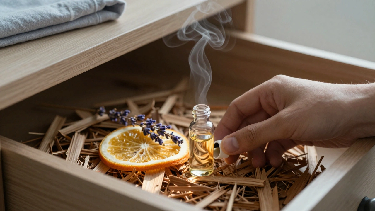 Ruka klade skleněnou láhevku s esenciálními oleji na dřevěné špalky ve šuplíku.
