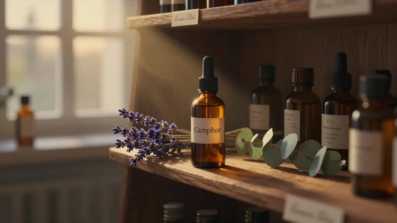 Tmavá lahvička kafrového oleje na poličce lékárny s bylinami a měkkým světlem z okna.