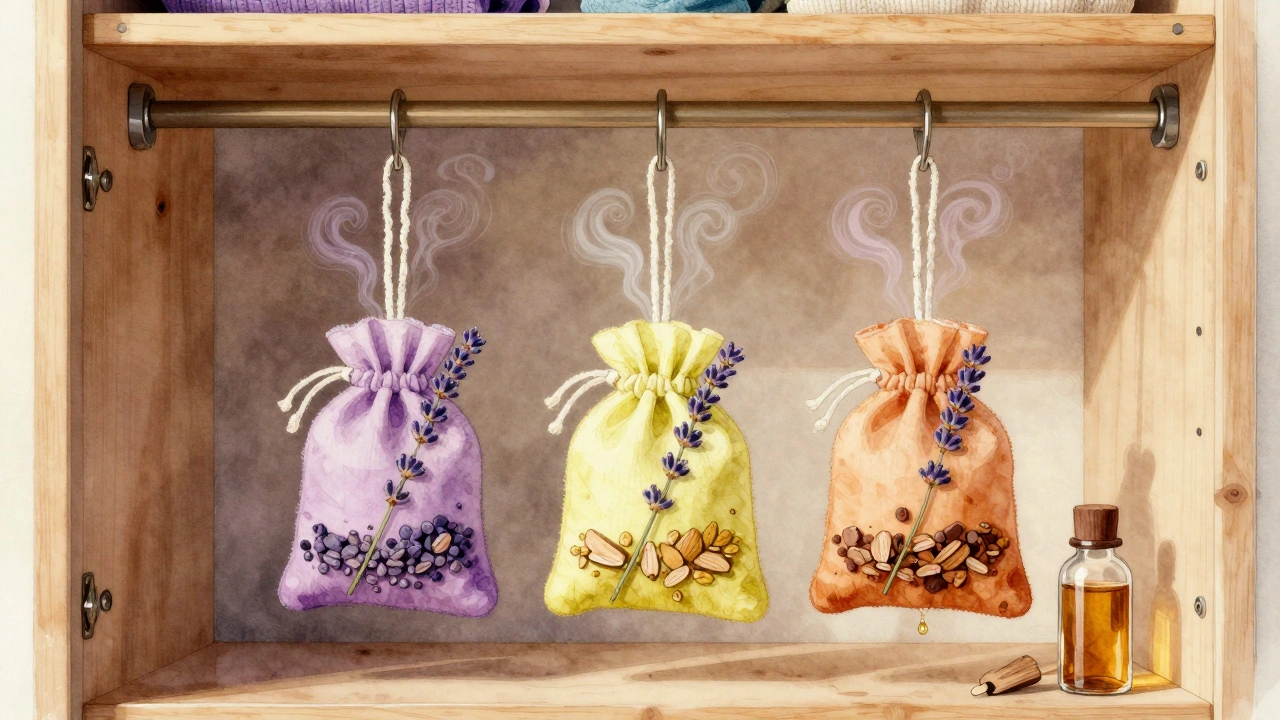 Tři látkové pytlíčky s cedrem a lavandou visí na háčcích ve šatníku.