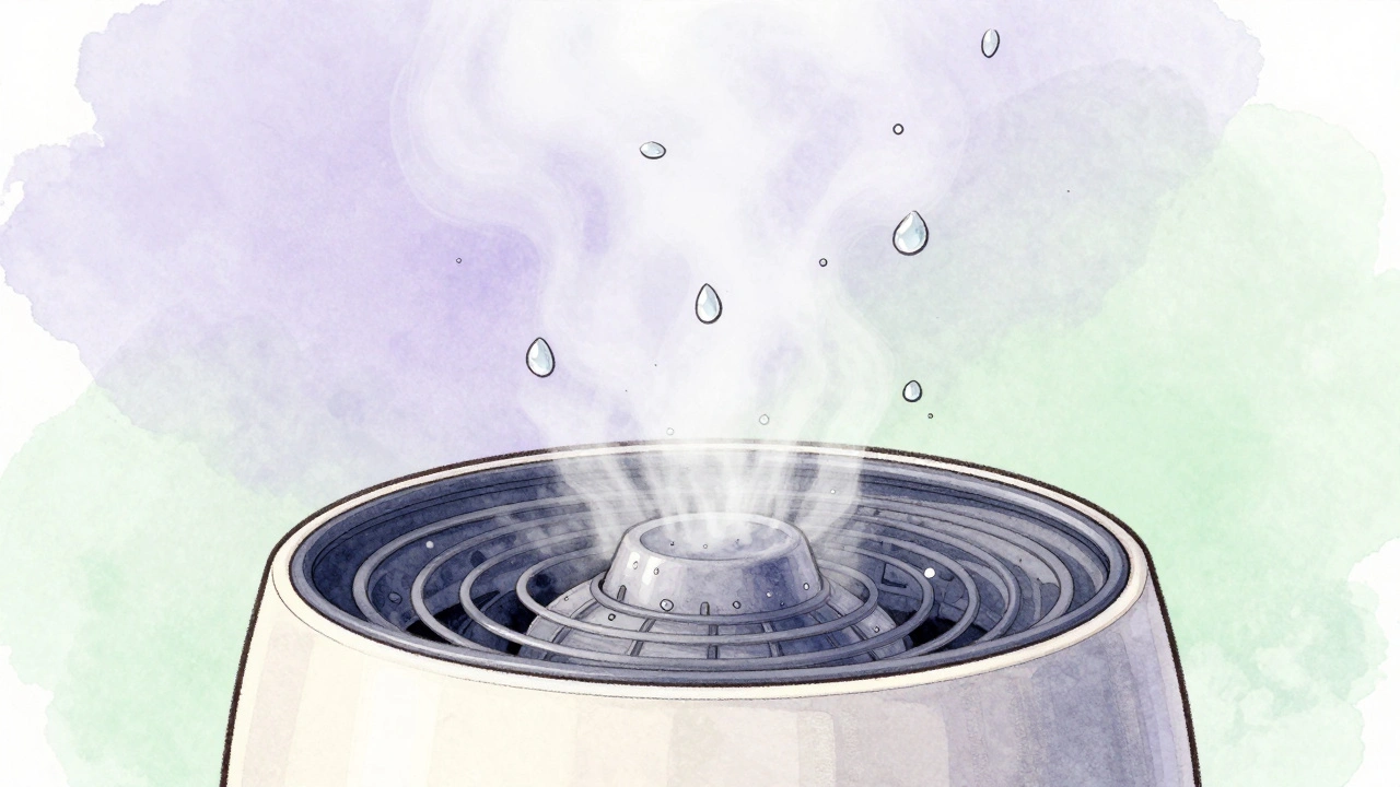 Umělecká ilustrace vnitřního fungování ultrazvukového difuzéru s mikroskopickými kapičkami vůně.