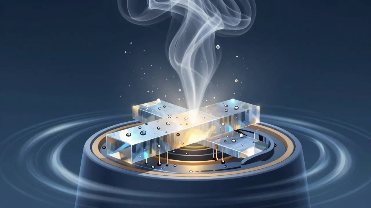 Vnitřní mechanismus ultrazvukového difuzéru s křemíkovým kamenem a mikrokapičkami vůně ve vodě.