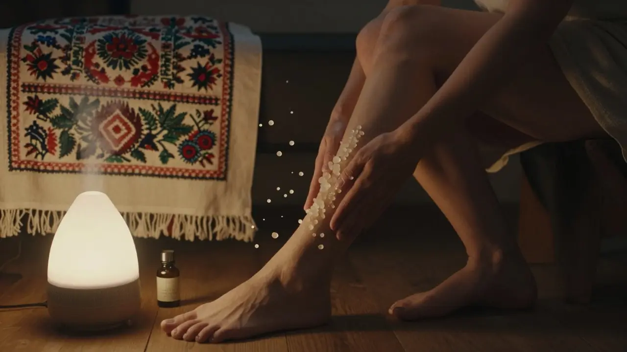 Žena masíruje koleno směsí kokosového a netřeskového oleje v klidném prostředí.