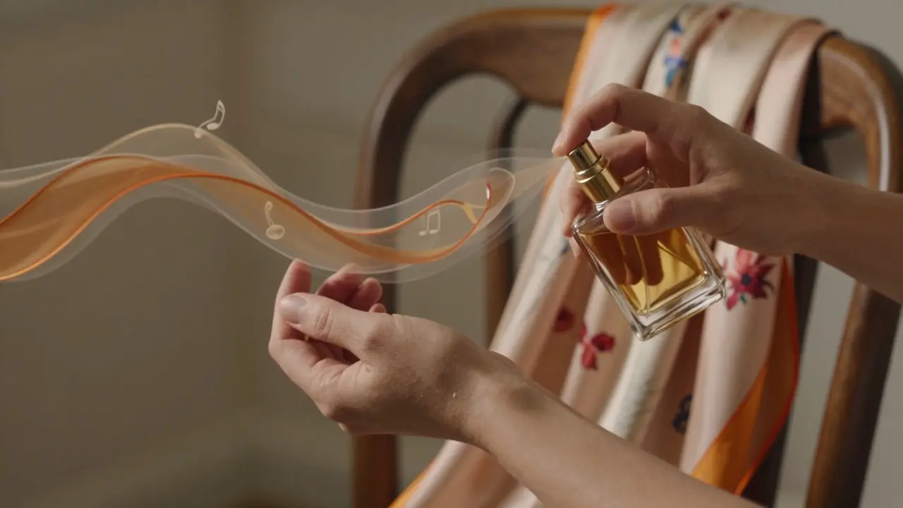 Dvě ruce: jedna nanáší parfém, druhá stříká parfémovanou vodu na hedvábný šál.