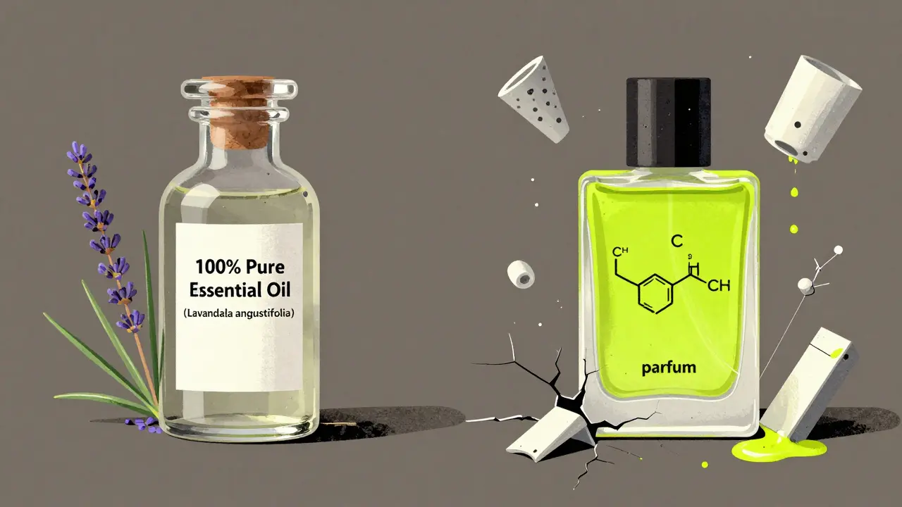 Porovnání čistého esenciálního oleje a syntetického parfému s poškozeným difuzérem.