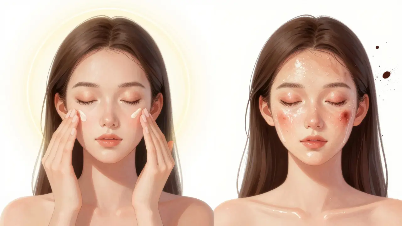 Porovnání správné a špatné aplikace pleťového oleje na pokožku.