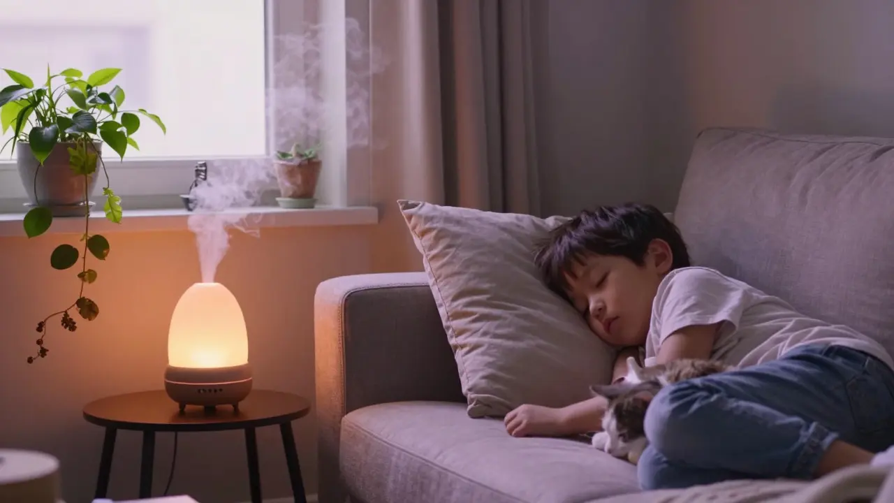 Rodina odpočívá v pohodlné místnosti s difuzérem a klidnou atmosférou.