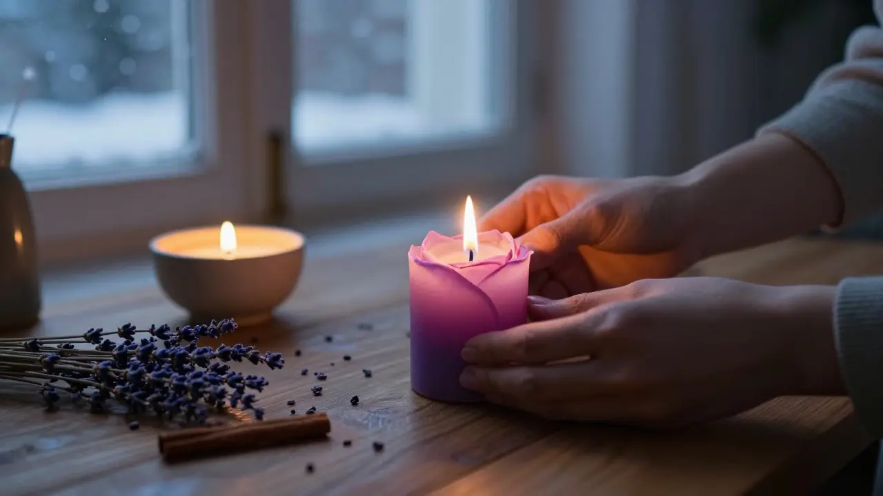 Ruce zapalují růžovou adventní svíčku v klidném domácím prostředí s suchými větvičkami a kůrou.