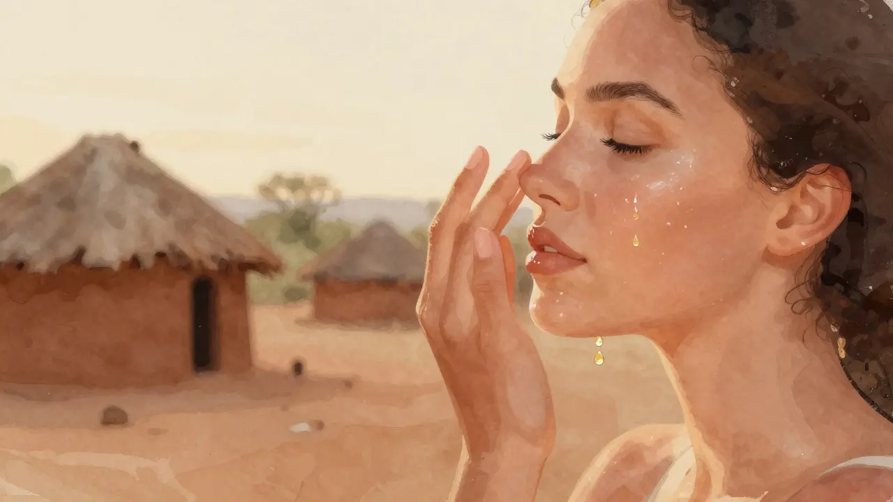 Ruka aplikuje marulový olej na obličej při západu slunce.