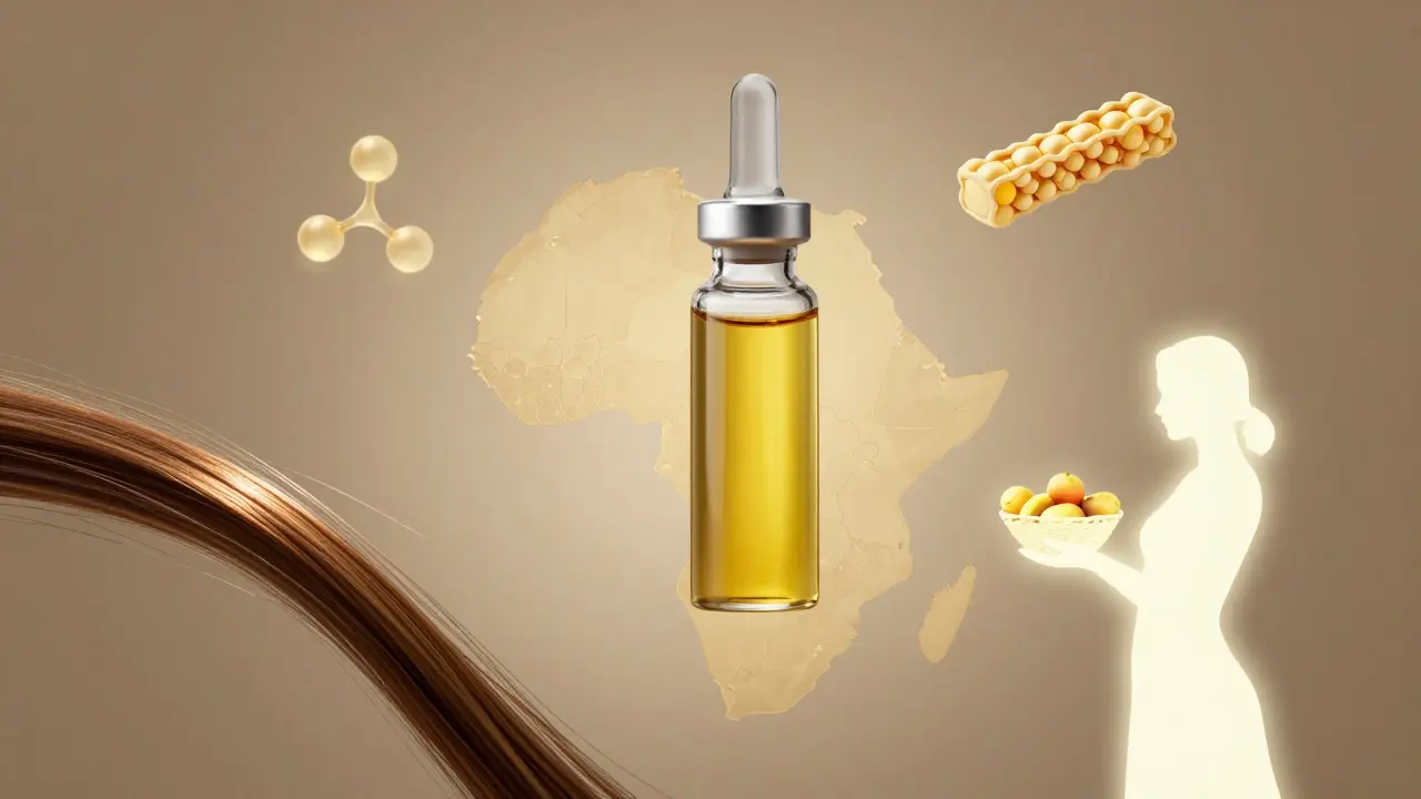 Skleněná lahvička s marulovým olejem nad mapou Jižní Afriky.