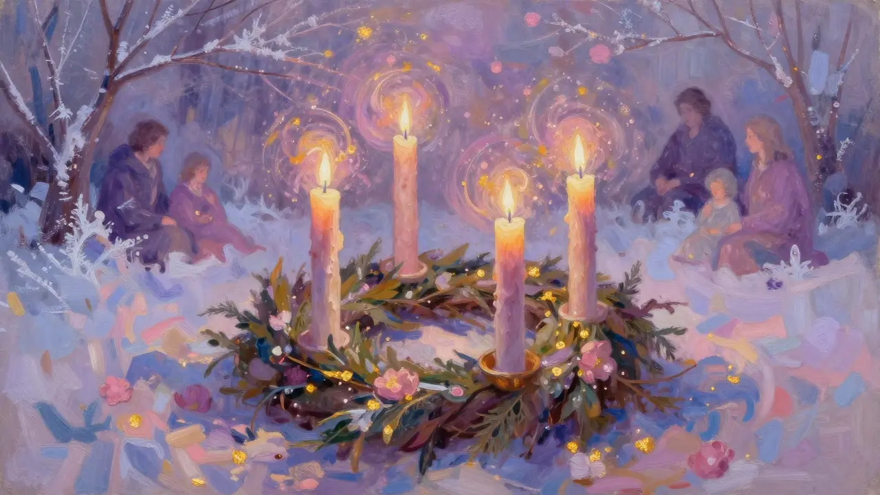 Umělecká interpretace adventního venčí s tóny fialové, růžové a zlaté, symbolizující klid a očekávání.