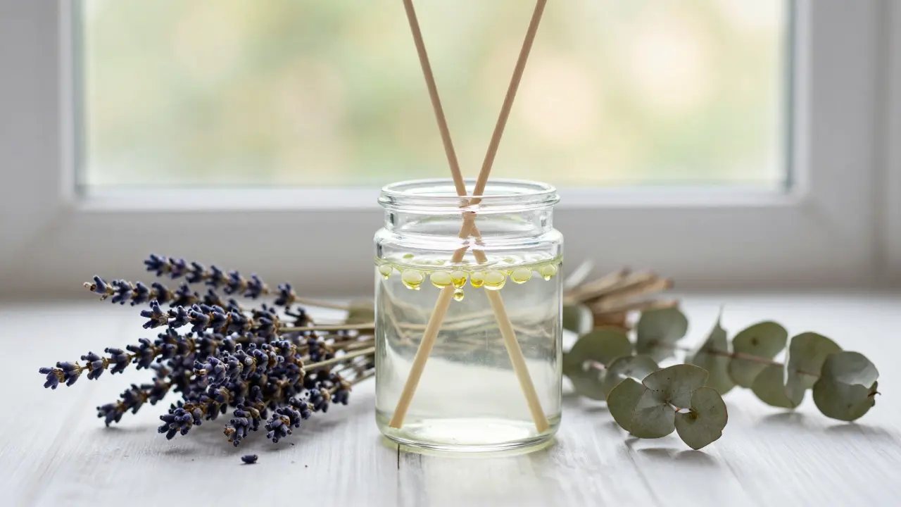 Vyhořelá skleněná nádoba od svíčky použitá jako vůňový difuzér s vodou a bylinkami.