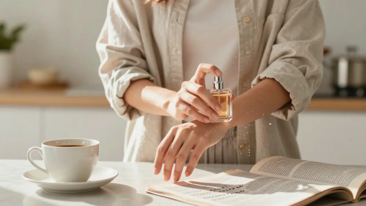 Žena nanáší parfémovanou vodu na zápěstí v kuchyni při ranním světle.