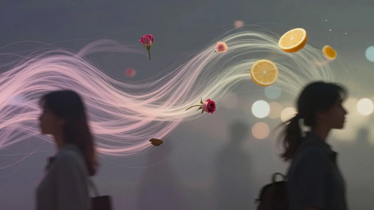 Abstraktní vlny vlasů s jemnými stopami vůně plujícími ve vzduchu.