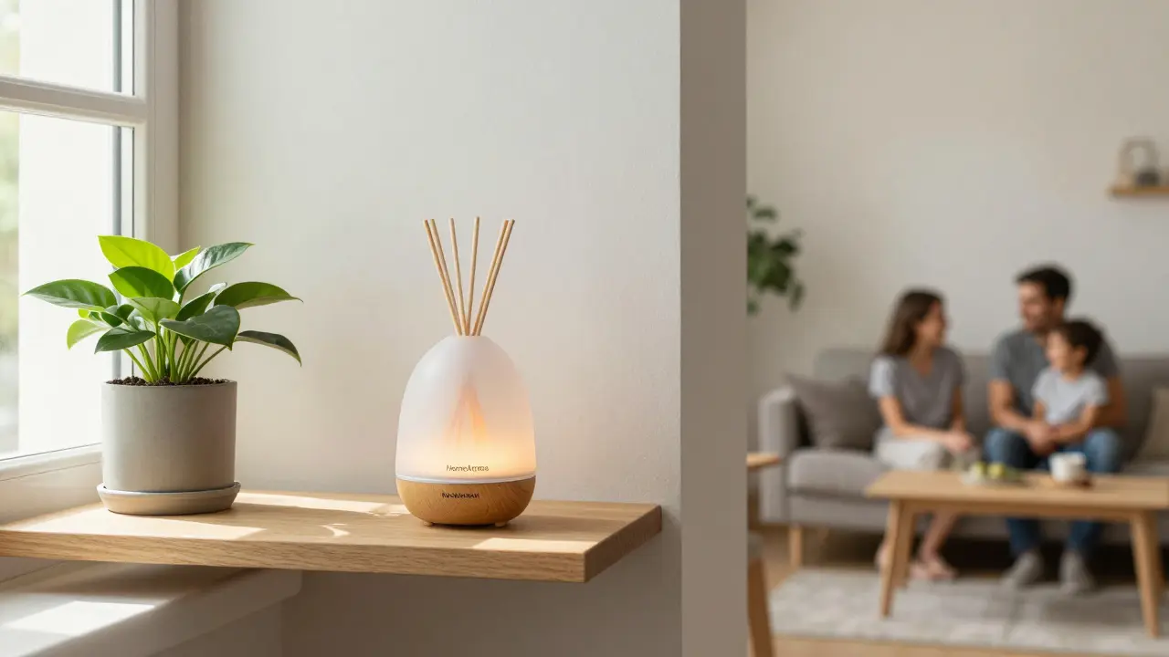 Český difuzér na dřevěné polici v domácím prostředí s přirozeným osvětlením.