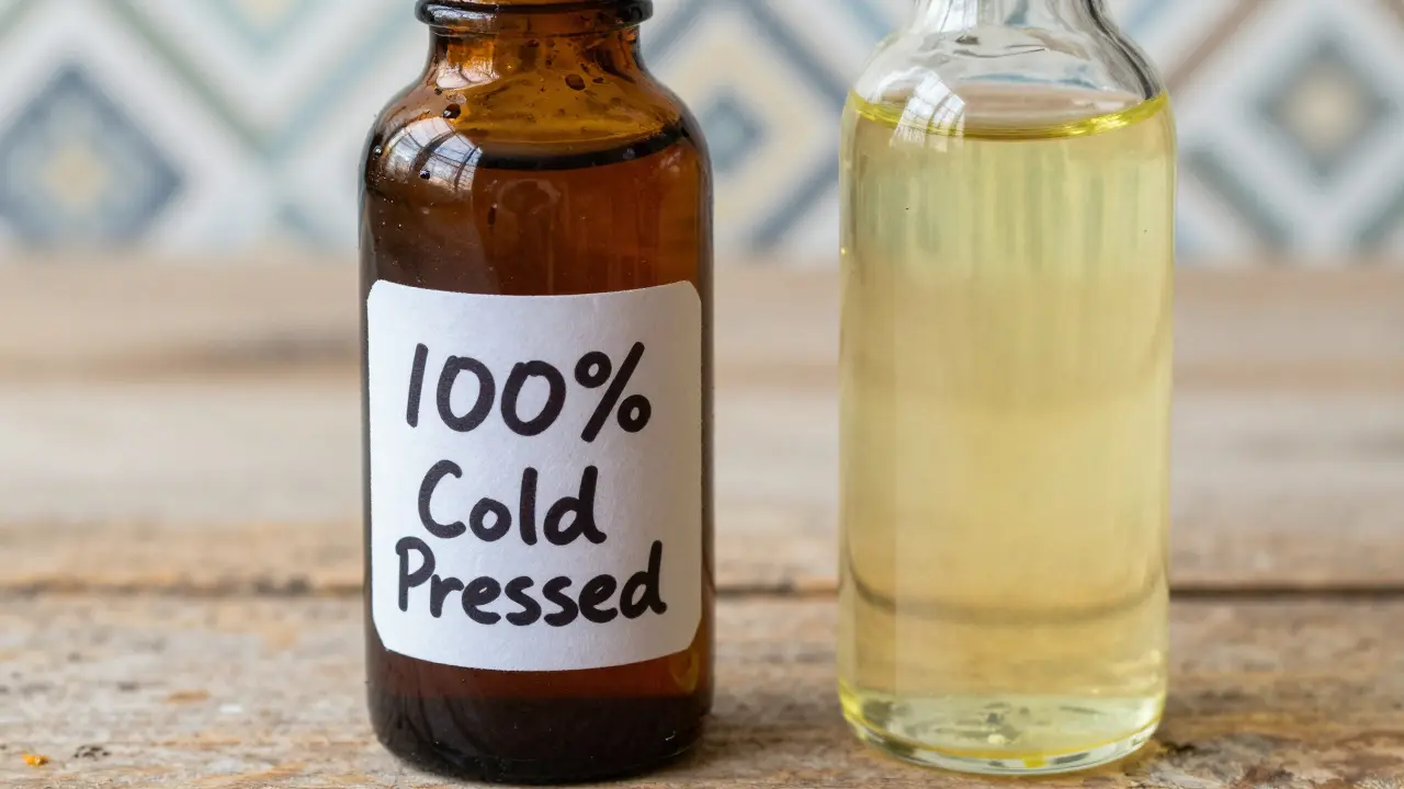 Dvě lahve arganového oleje: čistý tmavý vs. ředěný světlý.