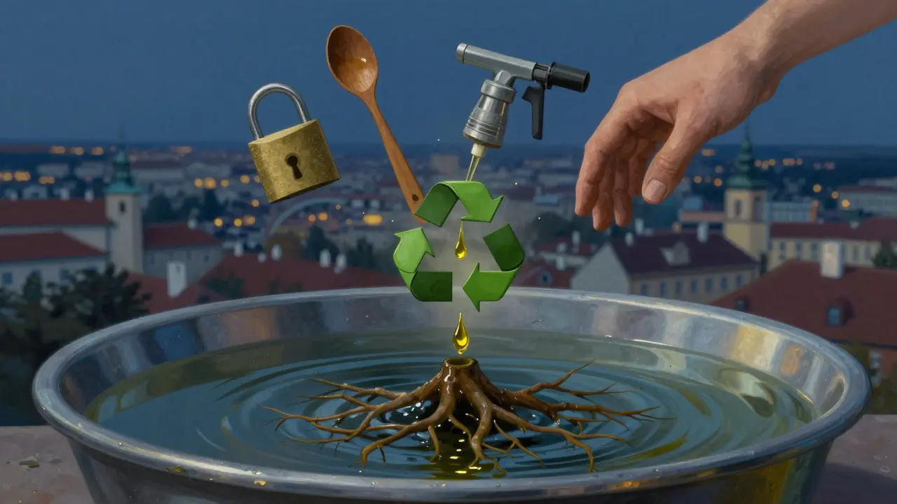 Kapka olivového oleje padá do vody a přeměňuje se v kořeny a symboly recyklace, za nimi se vynořuje český městský panoramatický výhled.