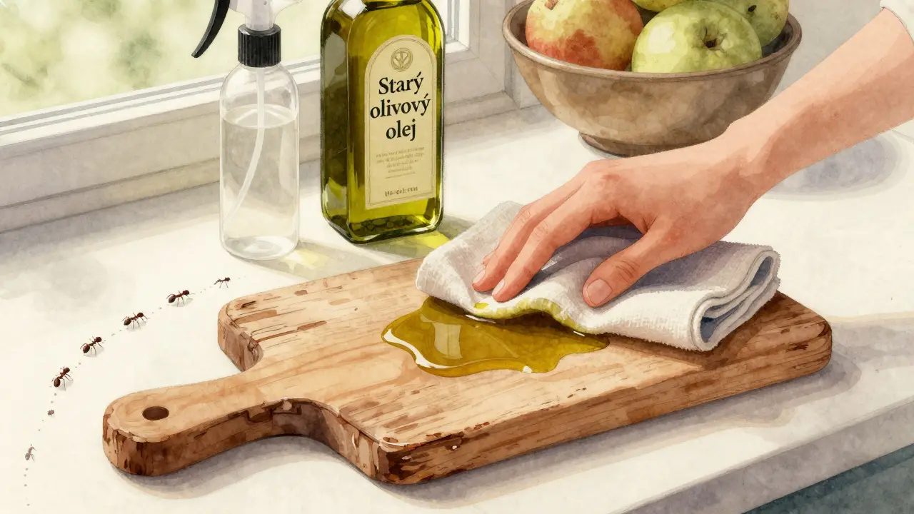 Ruka měří olejem dřevěnou desku, která získává přirozený lesk, za ní skleněná láhev a průběh mravenců kolem kapky oleje.